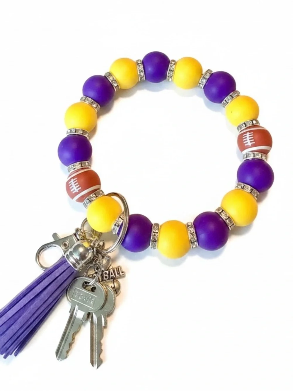 Purple & Gold Football Silicone Bead Wristlet Keychain Handmade